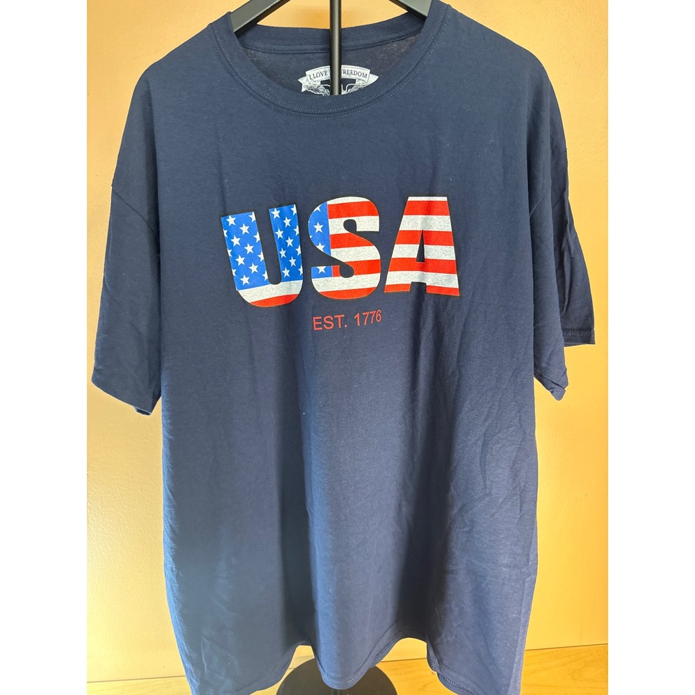 I Love My‎ Freedom Mens USA Flag Graphic T-Shirt Navy Blue XL 4th of July Tee